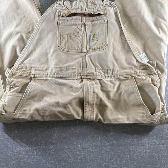 Carhartt Bib Overalls Mens 44x32 Beige Duck Canvas Carpenter Workwear R01-M - Picture 4 of 13